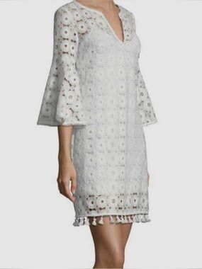 Trina Turk White Floral Lace Shift Dress with Bell Sleeves